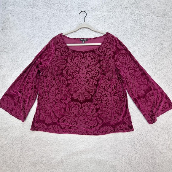 Roz & Ali Tops - Roz & Ali Blouse Womens 2X Purple Velvet Burnout Damask Bell Sleeve Elegant Top